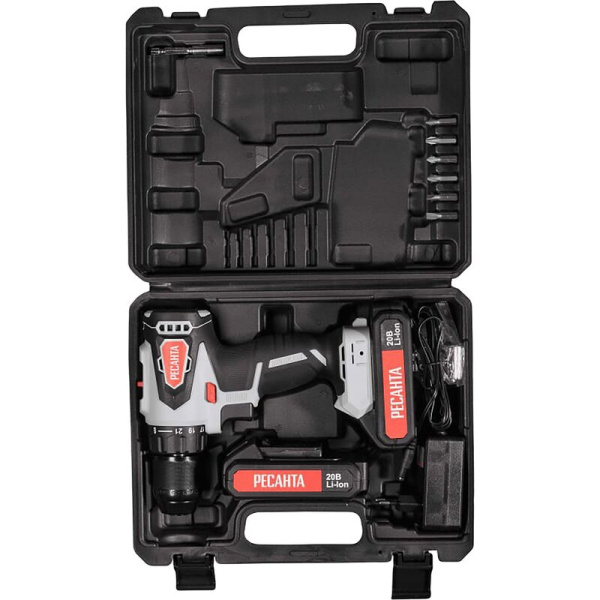 Дрель-шуруповерт аккумуляторная Ресанта ДА-20-2ЛК-Б бесщеточная 2 АКБ x   Li-ion (20 В, 2 Ач)+ЗУ в кейсе (75/14/10)