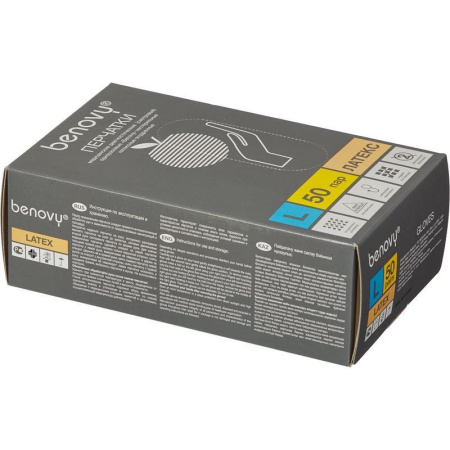 Перчатки медицинские смотровые латексные Benovy нестерильные опудренные размер L (100 штук в упаковке)