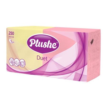 Салфетки бумажные Plushe Duet 24х24 см в ассортименте 1-слойные 250 штук  в упаковке