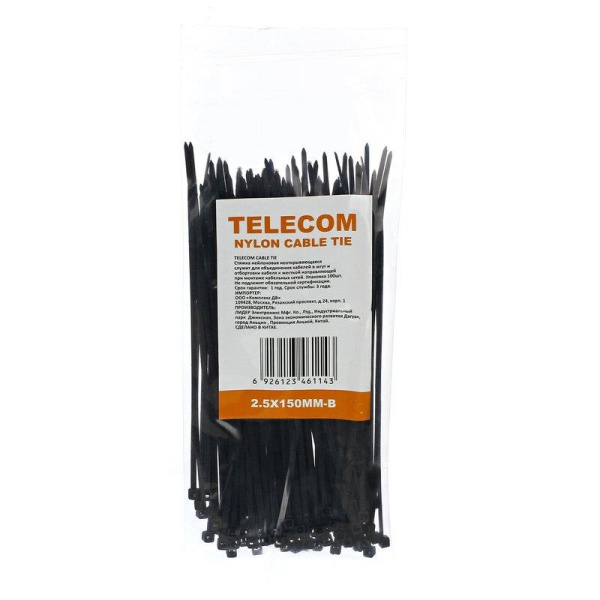 Стяжка Telecom 150x2.5 мм черная 100 штук в упаковке (TIE2.5X150MM-B)