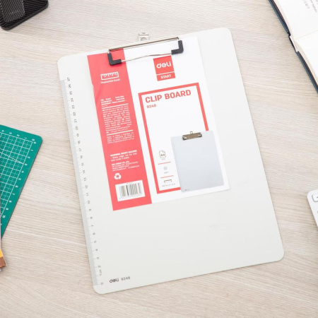 Папка-планшет с зажимом Deli А4 пластиковая серая с линейкой