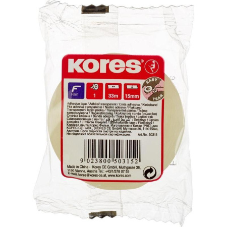 Клейкая лента канцелярская Kores прозрачная 15 мм х 33 м