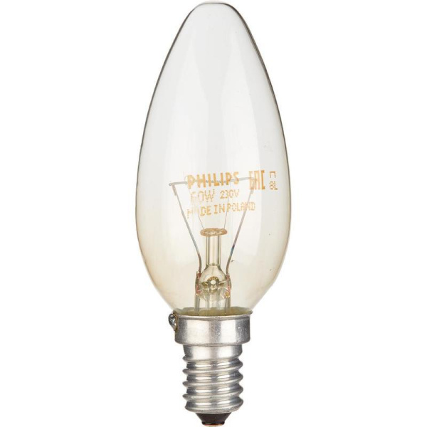 Лампа накаливания Philips 60 Вт E14 свеча прозрачная 2700 К теплый белый свет