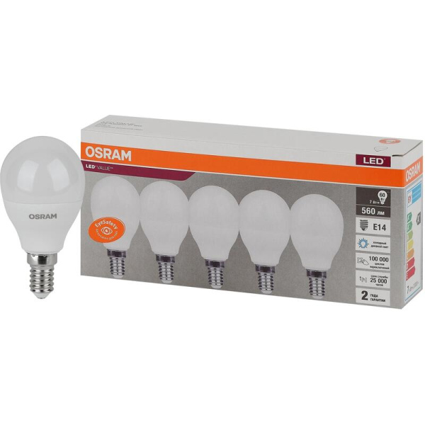 Лампа светодиодная Osram 7 Вт E14 (R, 6500 К, 560 Лм, 220 В, 5 штук в  упаковке, 4058075578166)