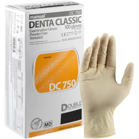 Перчатки медицинские смотровые латексные Manual DC750 текстурированные нестерильные двойного хлорирования S (6.5) бежевые (50 пар/100 штук в упаковке)