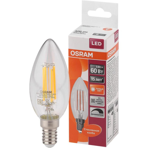 Лампа светодиодная Osram 5 Вт Е14 (В, 2700 К, 520 Лм, 220 В,  4058075230354)