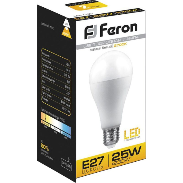 Лампа светодиодная Feron LB-100 25 Вт Е27 А65 2700 К 2100 Лм (25790)