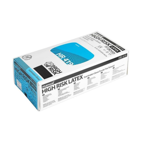 Перчатки медицинские смотровые латексные Manual HR419 High Risk нестерильные неопудренные синие размер L (50 штук в упаковке)