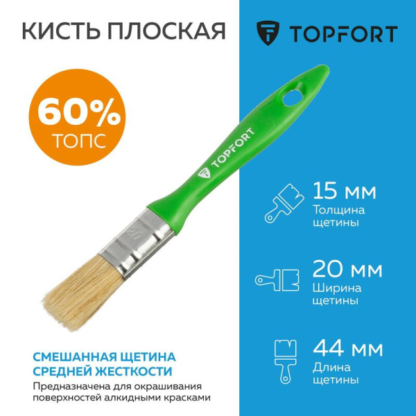 Кисть малярная плоская TOPFORT из смешанной щетины 20x15 мм зеленая