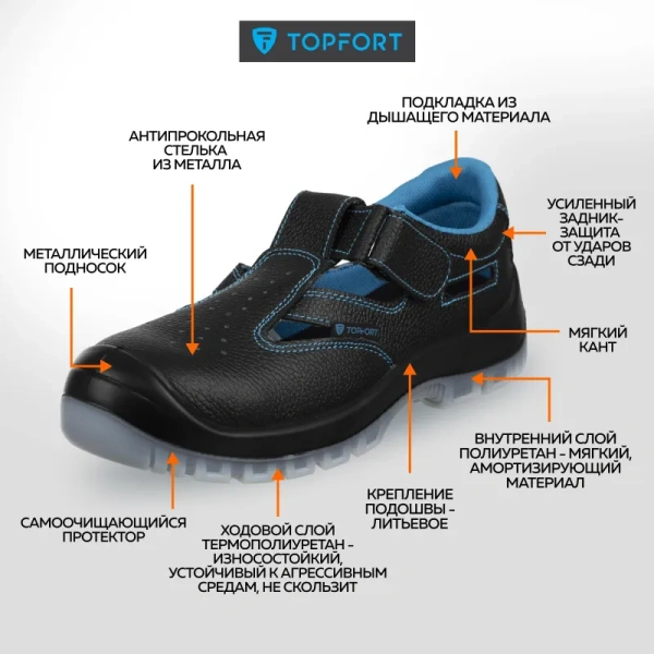 Полуботинки с перфорацией (сандалии) TOPFORT 1 МПП с перфорацией ПУ-ТПУ  из натуральной кожи с металлическим подноском черные (размер 36)