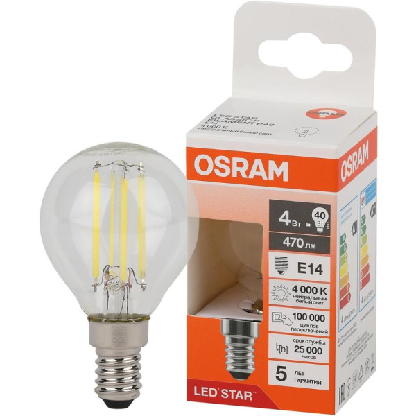 Лампа светодиодная Osram 4 Вт Е14 (Р, 4000 К, 470 Лм, 220 В,  4058075684362)