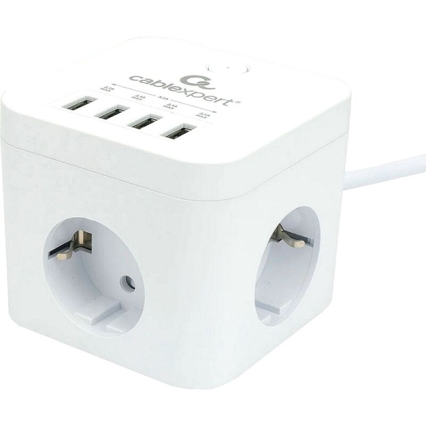 Сетевой фильтр Cablexpert Cube на 3 розетки 1.5 метра + 4 USB  (CUBE-3-U4-W-1.5)