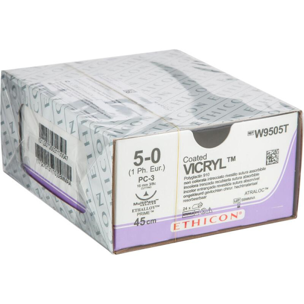Шовный материал Викрил 5/0 45 см режущая игла 16 мм 3/8 W9505T (24 штуки  в упаковке)