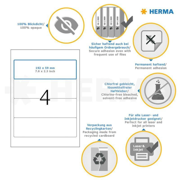Этикетки самоклеящиеся Herma для папок-регистраторов белые 192х59 мм 4  штуки на листе (25 листов в упаковке)