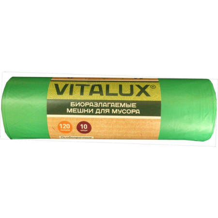Мешки для мусора VitaLux Bio 120 л зеленые (ПНД, 17 мкм, 10 штук в  рулоне, 70x105 см)