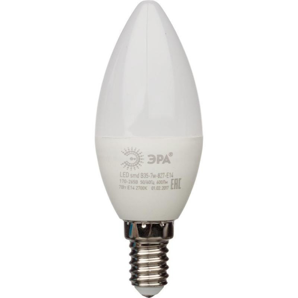 Лампа светодиодная Эра 7Вт E14 свеча мини 2700k теплый белый свет