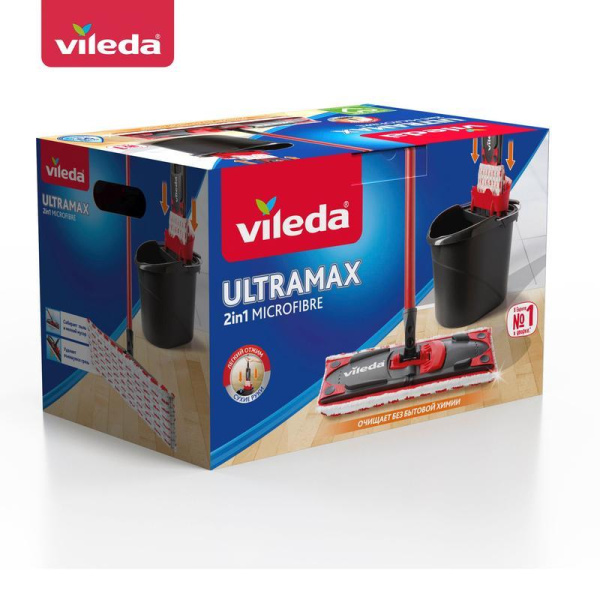 Комплект для уборки Vileda Ультрамакс (швабра, 2 насадки и ведро 10 л с  отжимом)