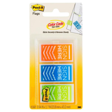 Клейкие закладки Post-it Поставьте вашу подпись пластиковые 3 цвета по 20 листов 24x43 мм в диспенсере