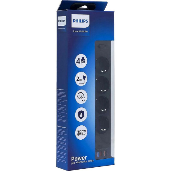 Сетевой фильтр Philips CHP4346BA/51 на 4 розетки 2 метра + 2 USB