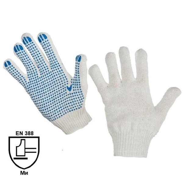 Перчатки рабочие защитные хлопковые/полиэфирные трикотажные с ПВХ покрытием белые (точка, 4 нити, 10 класс, универсальный размер, 10 пар в упаковке)