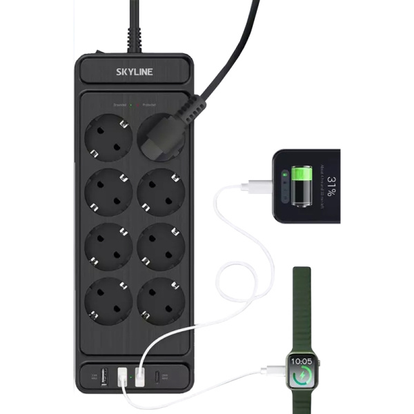 Сетевой фильтр Skyline USP-830 на 8 розеток + 3 USB 3 метра чёрный  (S00003693)