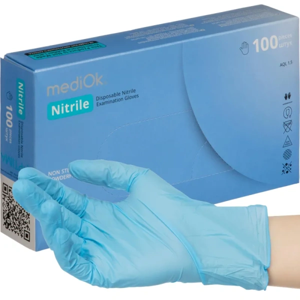 Перчатки медицинские смотровые нитриловые MediOk Nitrile Optima текстурированные нестерильные неопудренные размер XS (5-6) голубые (50 пар/100 штук в упаковке)