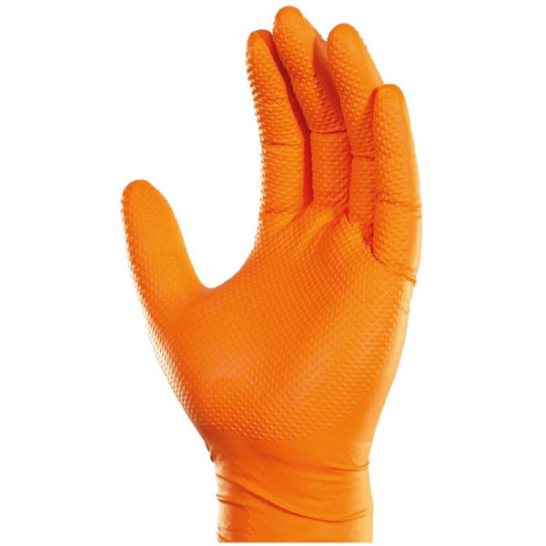Перчатки одноразовые Steel Grip нитриловые неопудренные оранжевые  (размер 8-9 (L), 100 штук/50 пар в упаковке)