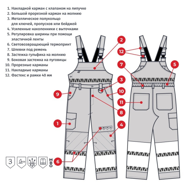 Полукомбинезон рабочий летний мужской Равелин с СОП красный/графит  (размер 44-46, рост 182-188)