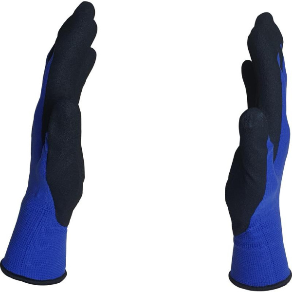 Перчатки рабочие защитные SCAFFA NY1350S нейлон с нитриловым покрытием  синий/черный ( неполный облив двойной, 13 класс вязки, размер 9, L)