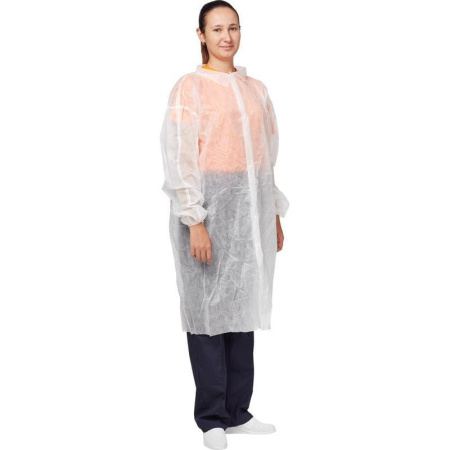 Халат одноразовый на кнопках белый (размер 52-54, XL, 10 штук в  упаковке)