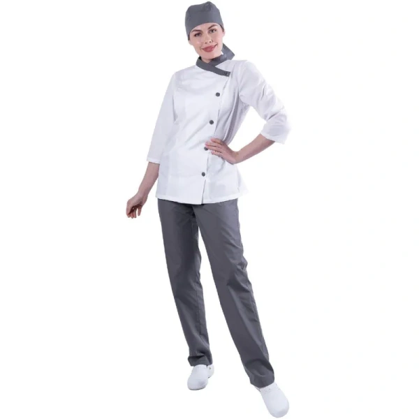 Костюм повара Бистро женский белый/серый тиси рукав 3/4 (120 г/кв.м,  размер 40-42, рост 158-164)