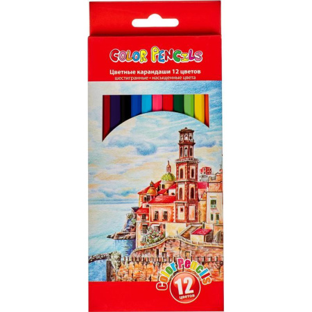 Карандаши цветные 12 цветов шестигранные (пластиковый корпус)
