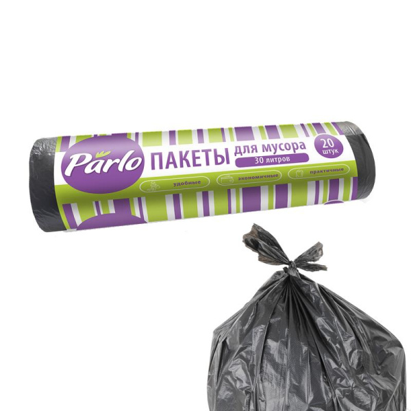 Мешки для мусора Parlo 30 л черные (ПНД, 6 мкм, 20 штук в рулоне, 47х57  см)