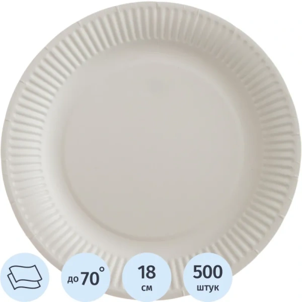 Тарелка одноразовая бумажная Комус Эконом 180 мм белая 500 штук в  упаковке