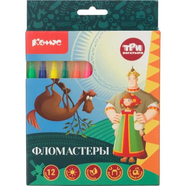 Фломастеры Комус Три Богатыря 12 цветов смываемые с вентилируемыми  колпачками Фломастеры Комус Три Богатыря 12 цветов смываемые с вентилируемыми  колпачками