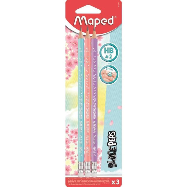 Карандаш чернографитный НВ с ластиком Maped Black Pep's Pastel  заточенный трехгранный (3 штуки в упаковке)