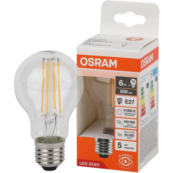 Лампа светодиодная Osram 6 Вт Е27 (А, 4000 К, 806 Лм, 220 В,  4058075684096)