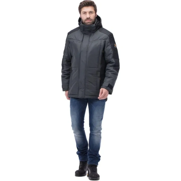 Куртка рабочая зимняя мужская Корсар со светоотражающим кантом  серая/чёрная из ткани дюспо (размер 56-58, рост 170-176)