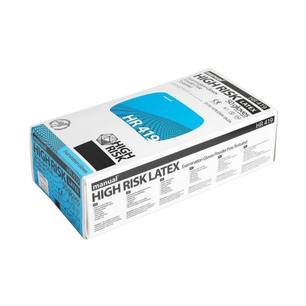 Перчатки медицинские смотровые латексные Manual HR419 High Risk нестерильные неопудренные синие размер M (50 штук в упаковке)