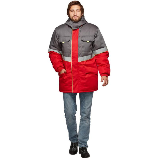 Куртка рабочая зимняя мужская з43-КУ с СОП серая/красная (размер 52-54,  рост 170-176)