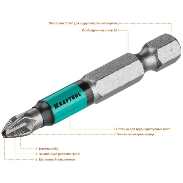 Бита магнитная Kraftool Optimum Line PH2 x 50 мм (10 штук в упаковке,  26122-2-50-10)