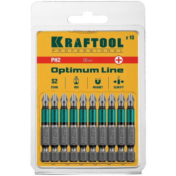 Бита магнитная Kraftool Optimum Line PH2 x 50 мм (10 штук в упаковке,  26122-2-50-10)