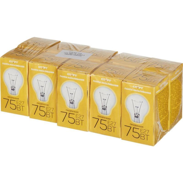 Лампа накаливания Старт 75 Вт E27 грушевидная прозрачная 2700 К теплый белый свет (10 штук в упаковке)