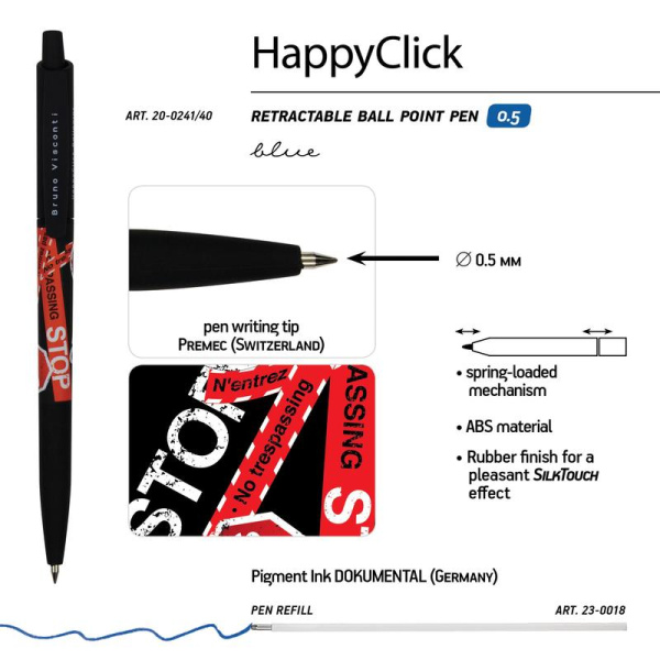 Ручка шариковая автоматическая Bruno Visconti HappyClick KeepАway Stop цвет чернил синий цвет корпуса черный (толщина линии 0.38 мм)