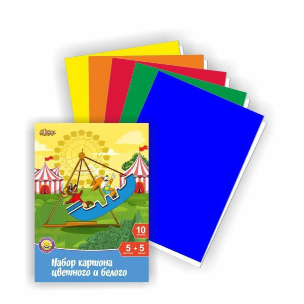 Набор цветного и белого картона  №1 School Шустрики (A4, 10 листов, 6 цветов, немелованный)