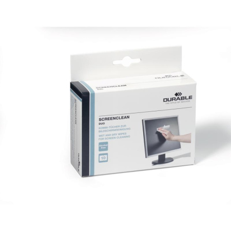 Салфетки для чистки экранов Durable Screenclean Duo, 10 наборов по 2 салфетки (сухая и влажная), вискоза