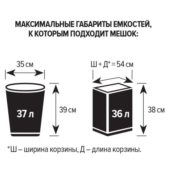 Мешки для мусора на 35 л с завязками Luscan черные (ПНД, 12 мкм, в рулоне 20 штук, 53x58 см)