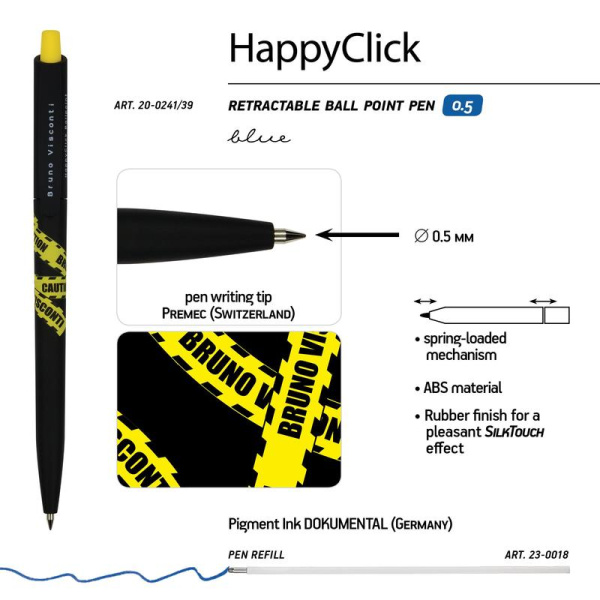 Ручка шариковая автоматическая Bruno Visconti HappyClick KeepАway Stop  цвет чернил синий цвет корпуса черный/желтый (толщина линии 0.38 мм)