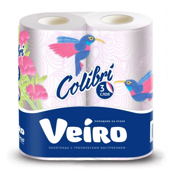 Полотенца бумажные Veiro Colibri 3-слойные белые с рисунком 2 рулона по  15 метров