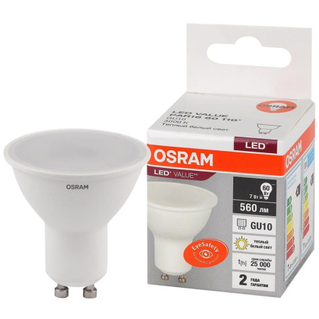 Лампа светодиодная Osram LED Value PAR16 спот 7Вт GU10 3000K 560Лм 220В  4058075582873